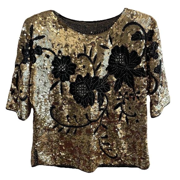 Vintage Tops - 70s 80s Vintage Top Black Gold Sequins Disco Retro Art Deco M / L Women Floral